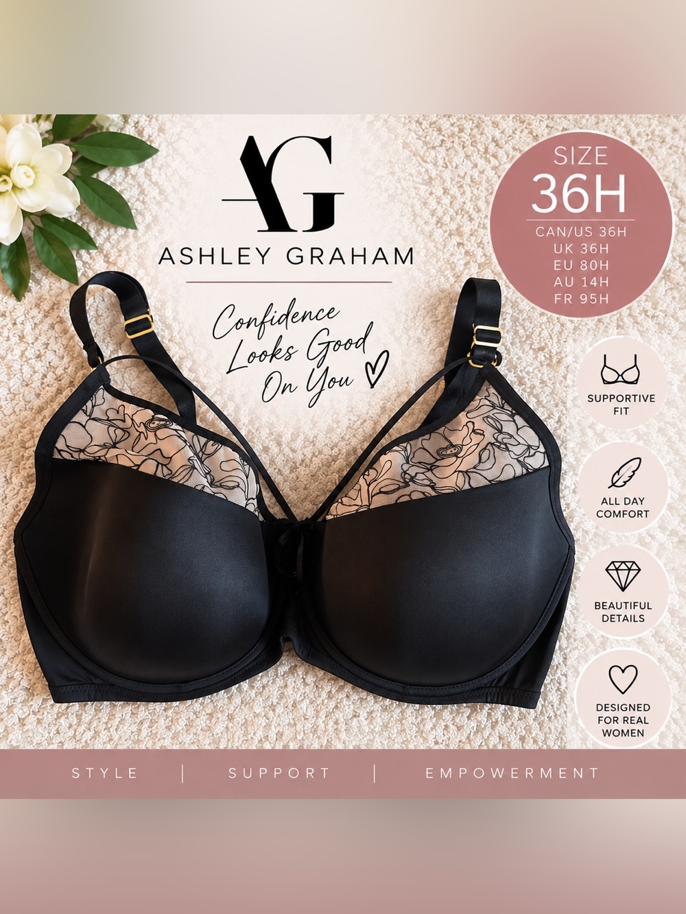Ashley Graham Black Lace-Trim T-Shirt Bra 36H
